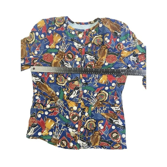 Vtg Women Golf All Over Print Top Topper Silky Elegant Button Front Country Club - Picture 10 of 11